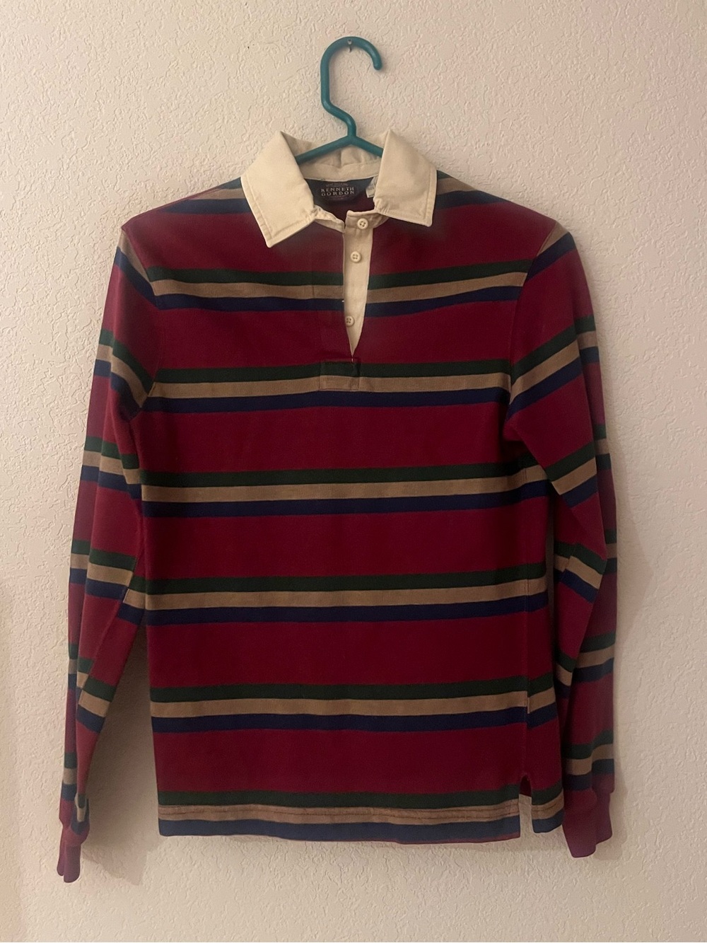 100% Cotton- Vintage Men's Burgundy Striped Rugby Shirt